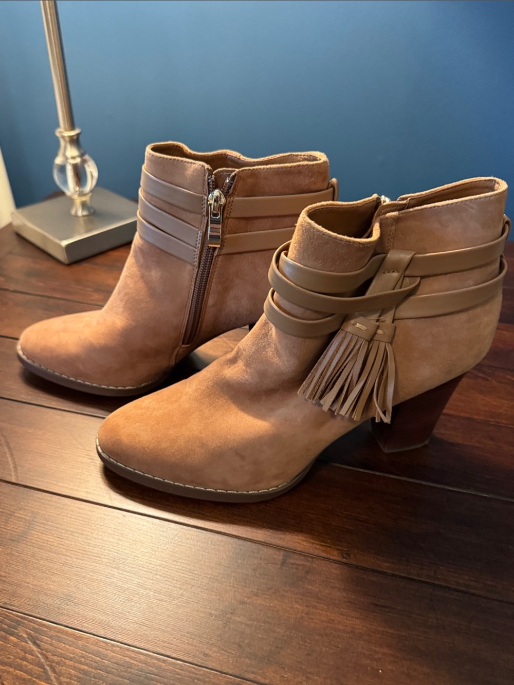 White House Black Market Tan Suede Tassel Ankle Booties